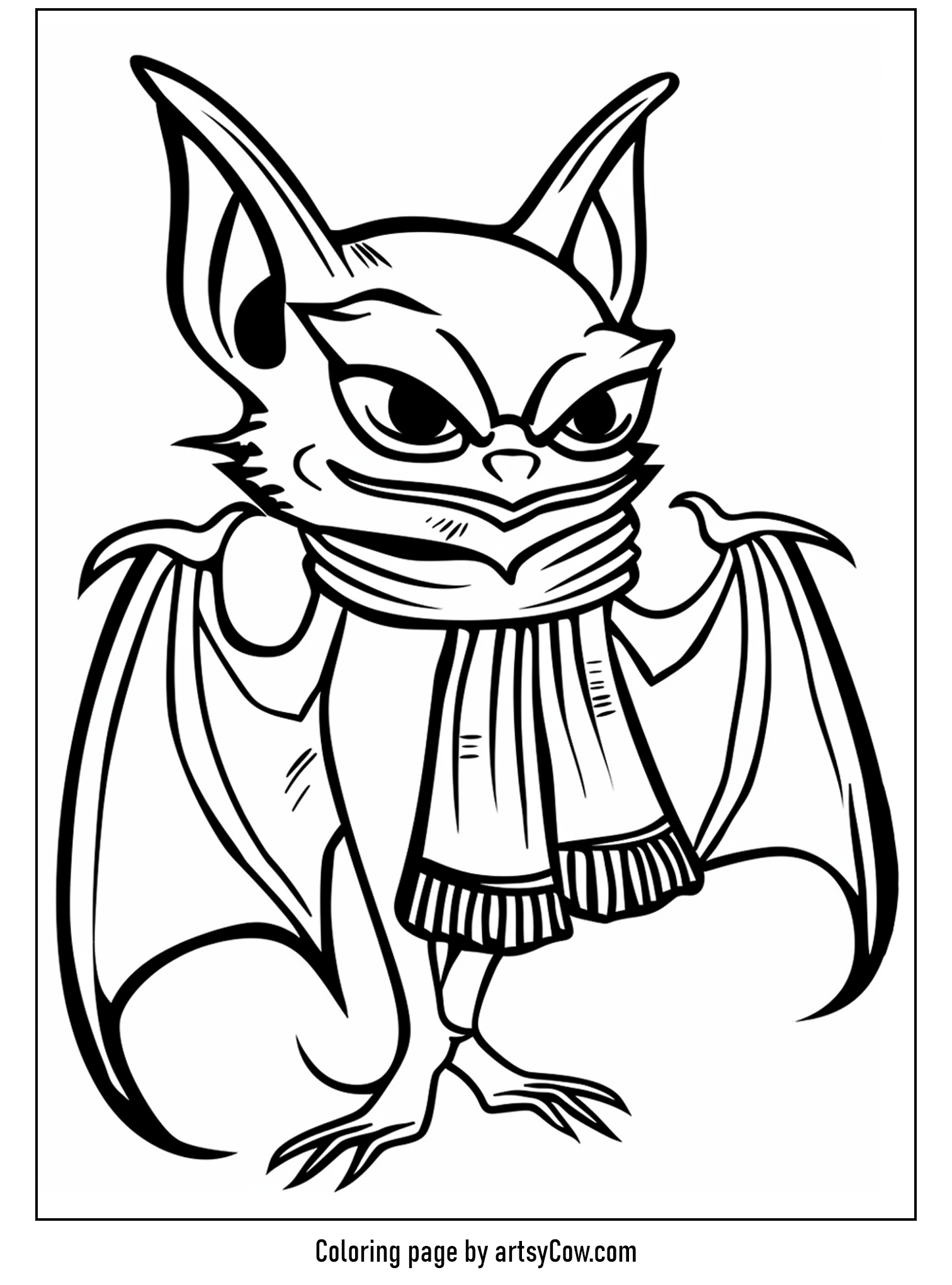 free halloween coloring pages for kids and adults. The illustration shows a bat wearing a cozy scarf, ideal for coloring.